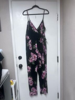 Derek Heart Black Floral Wrap Jumpsuit with Pink Flowers